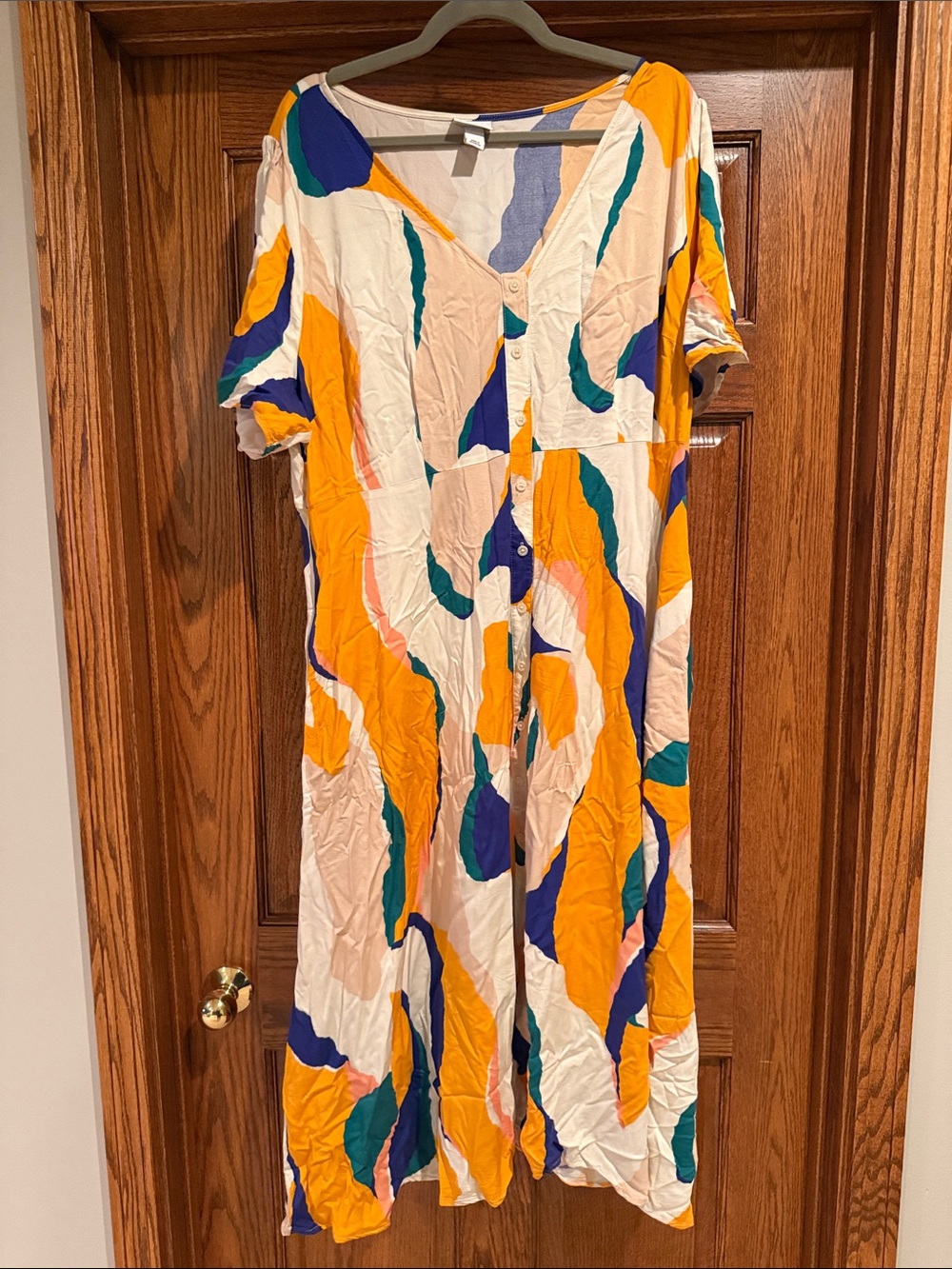 Ava & Viv Abstract Button-Front Maxi Dress in Cream, Mustard, Teal & Purple